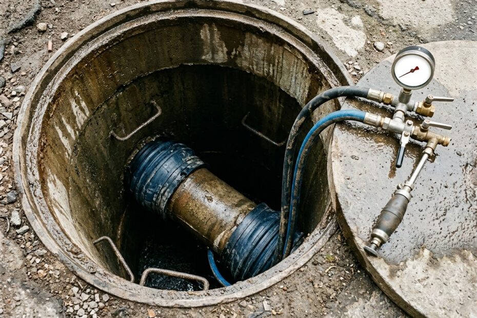 Dichtheitsprüfung einer Abwasserleitung mit Absperrblasen und Manometer im Schacht