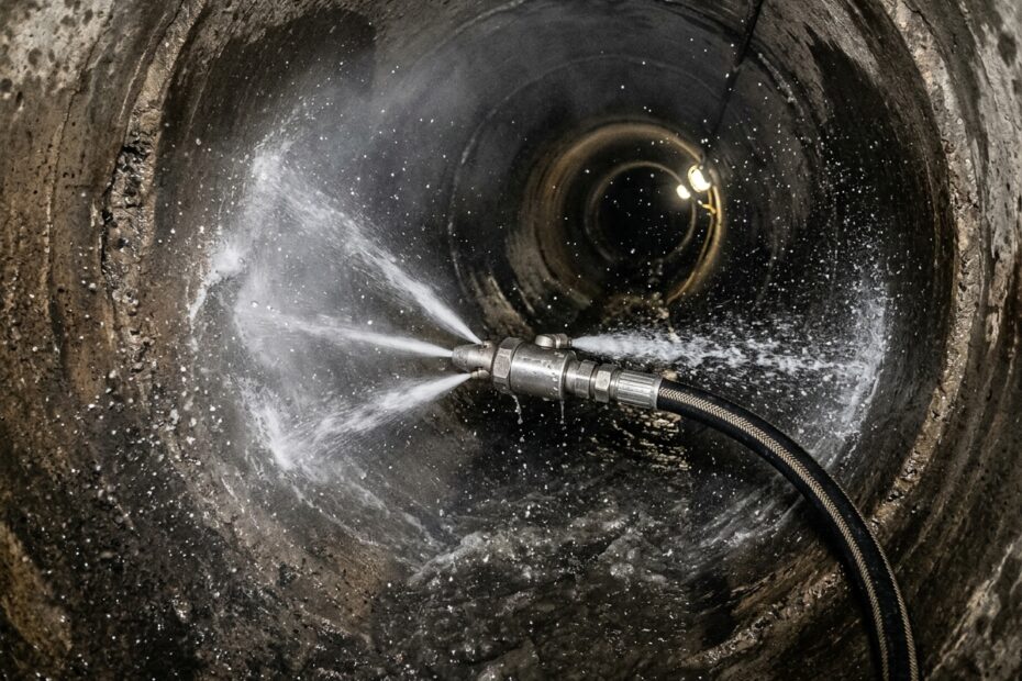 Hochdruckspülung: Spüldüse mit Wasserstrahlen im Abwasserrohr