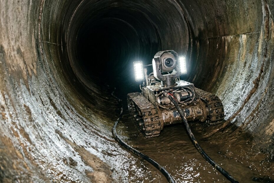 Kanal-TV-Untersuchung: Kamerafahrwagen mit LED-Licht im Abwasserkanal