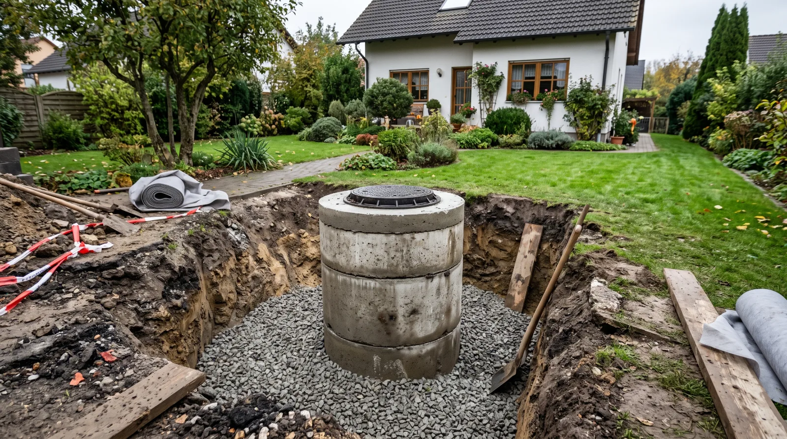 Regenwasserversickerung Schacht: Sickerschacht aus Betonringen im Garten